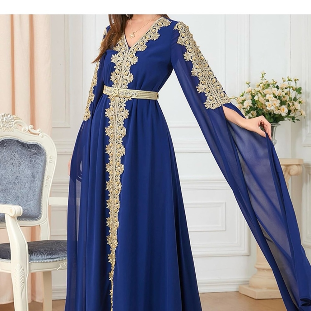 Elegant Blue and Gold Women's Dress - Picture 5 of 14